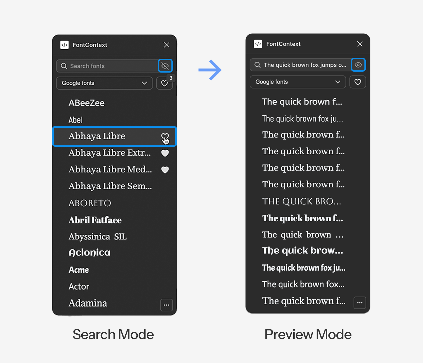Before/After comparison: Search Mode showing font names vs Preview Mode showing text rendered in each font